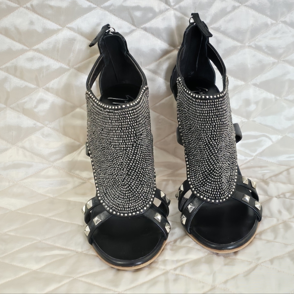 Giuseppe Zanotti Black Crystal Mesh & Silver Stud Sandals